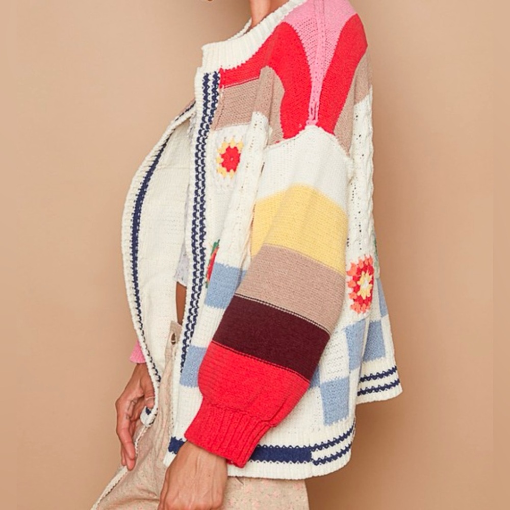 New POL granny square crochet cardigan sweater ivory tic toc Hand made stitch - Picture 4 of 6